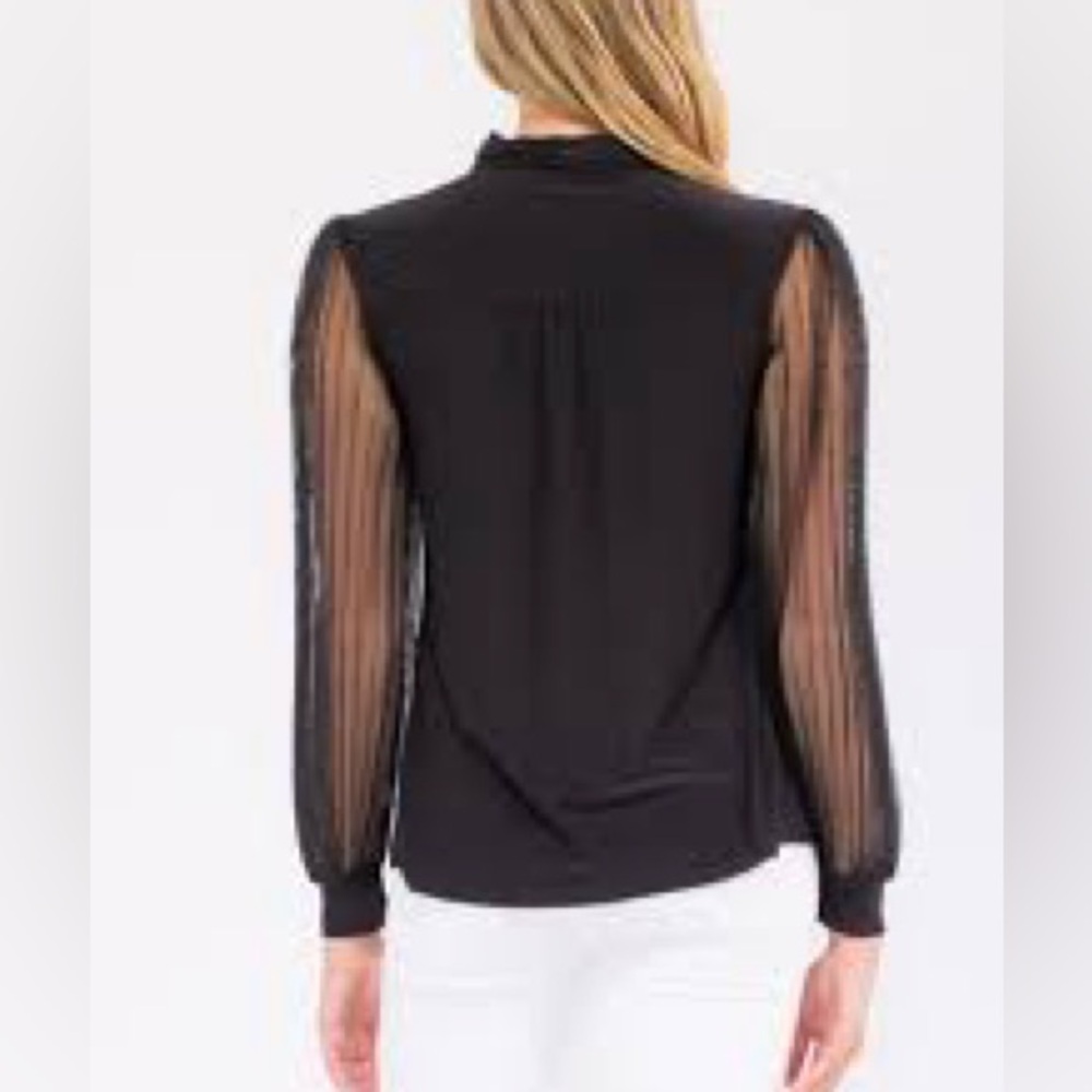 Perseption Concept,Black Button Blouse Pleated Sheer Mesh Sleeved Top, Size L - Picture 7 of 11